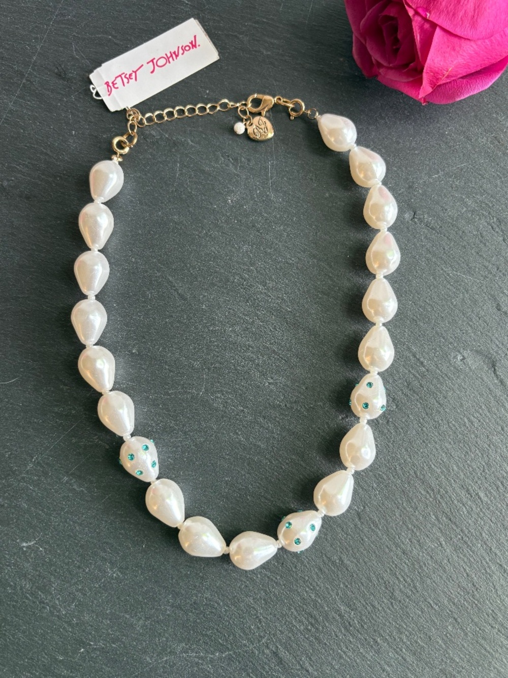 NWT Betsey Johnson Oversized Faux Pearl-Blue Rhinestone 16" Necklace